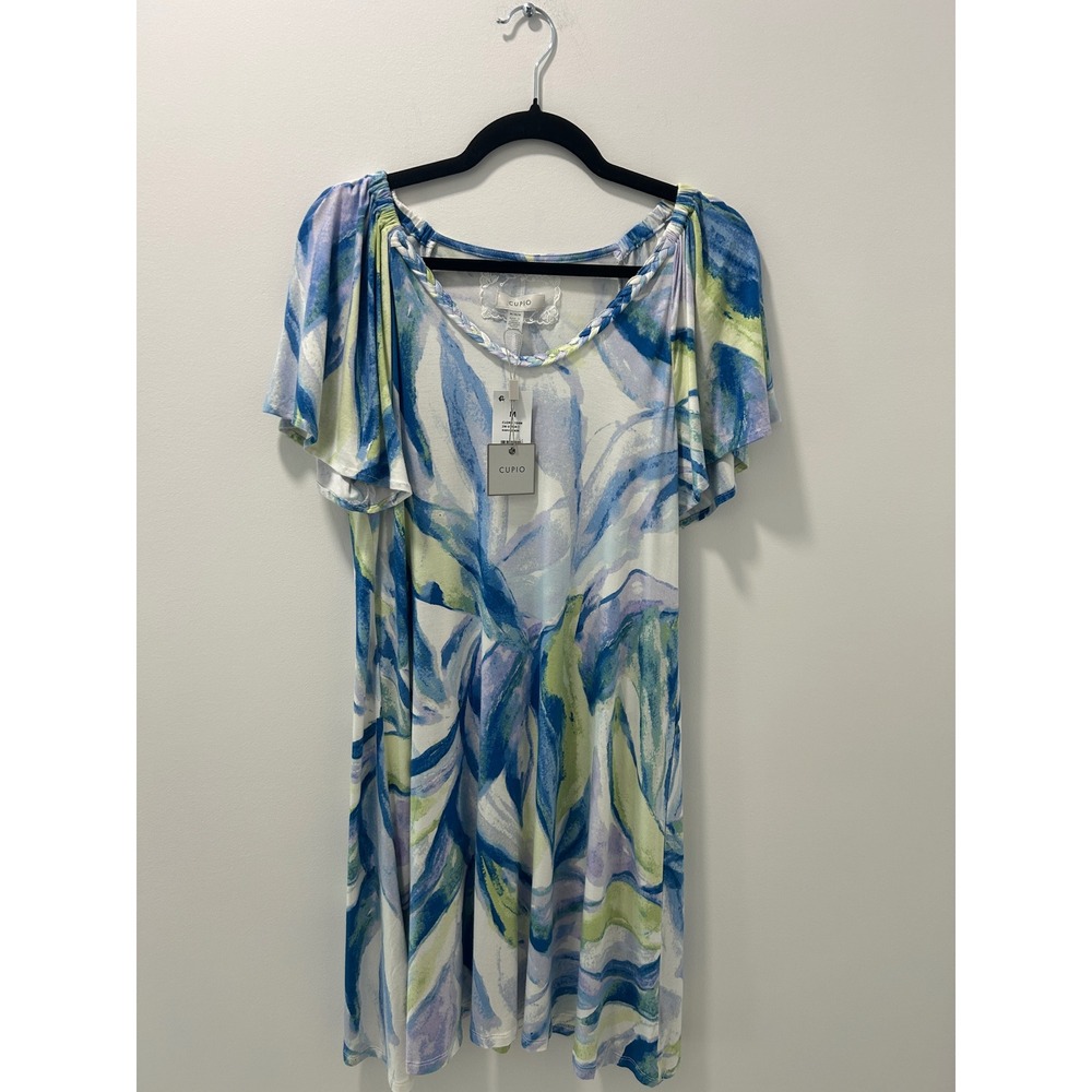 Cupio NWT Womens Abstract Floral Braided Neck Flutter Sleeve Dress Blue Green M